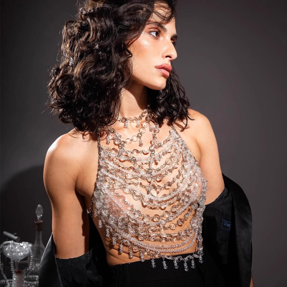 Body Jewelry Vest - 수제 비즈 조끼 투명 크리스탈 펜던트