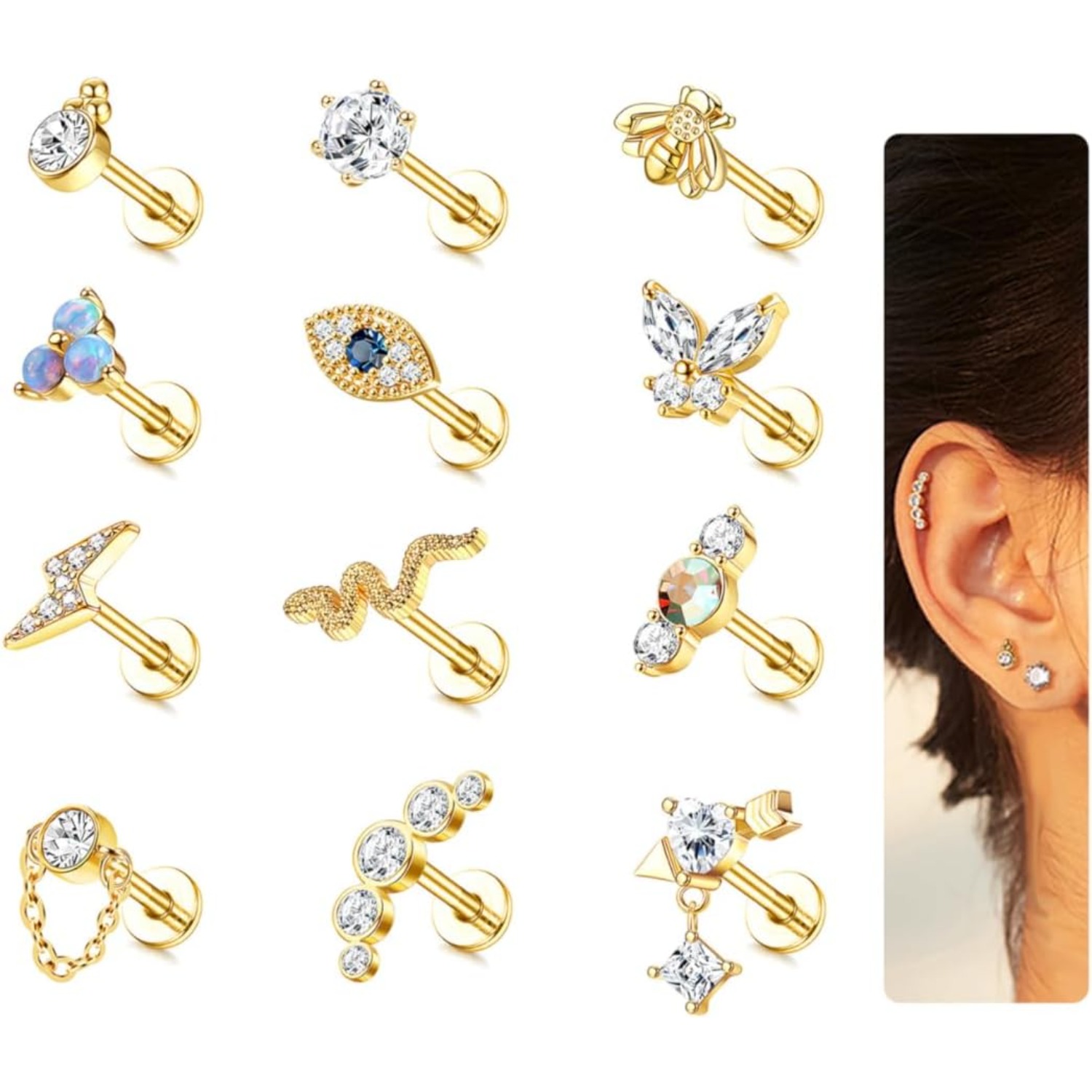 Body Jewelry Flat Back - 보비스티 여성용 연골 귀걸이 1개, 외과용